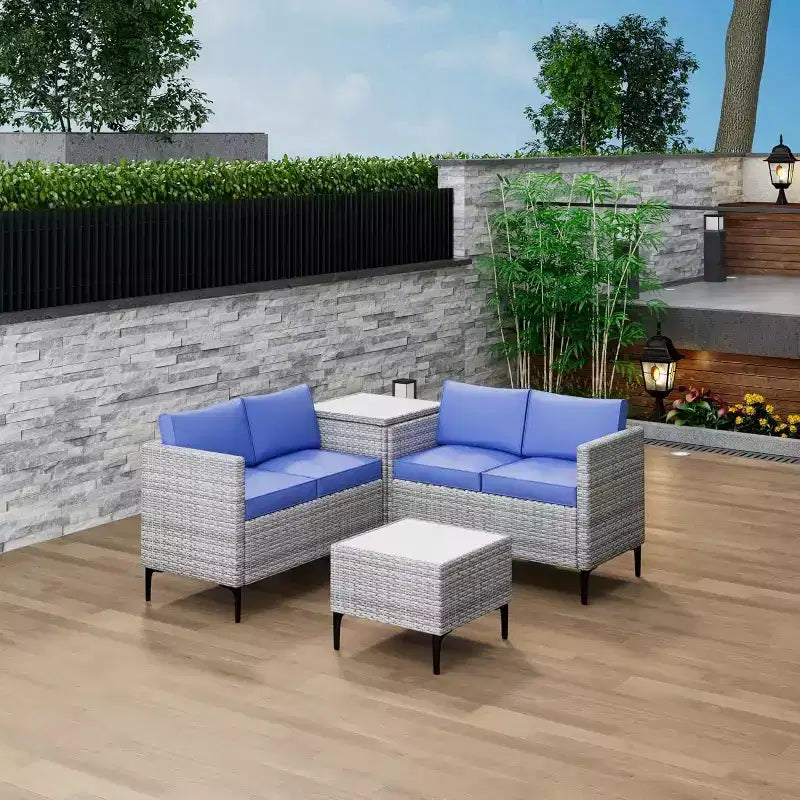 Ensemble de canapé en rotin PE 4 pièces pour patio, ensemble de canapés de conversation extérieurs en osier avec table basse et rangement