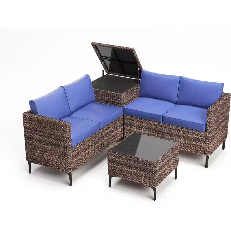 Ensemble de canapé en rotin PE 4 pièces pour patio, ensemble de canapés de conversation extérieurs en osier avec table basse et rangement