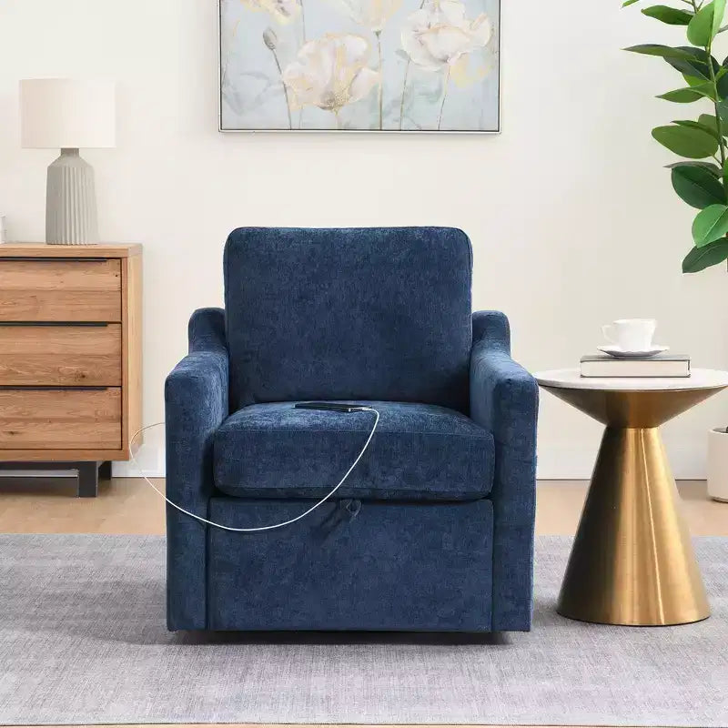 Sillones mecedora reclinables giratorios para sala de estar, silla de chenilla con soporte para teléfono, puertos USB/tipo C, almacenamiento en el brazo, marrón claro