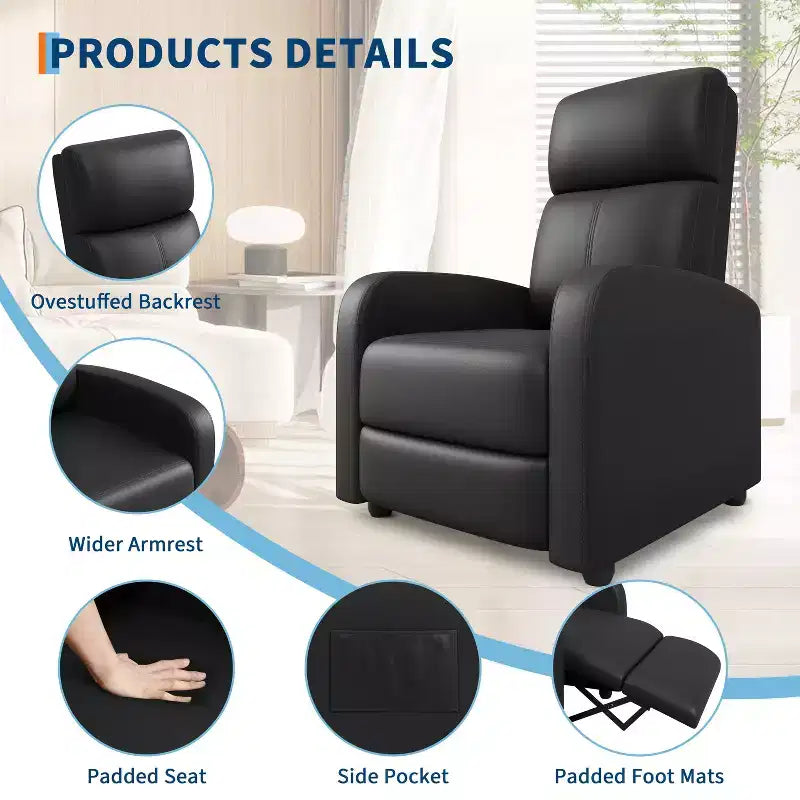 Recliner Chair for Adults, PU Leather Lazy Recliner Ergonomic Adjustable Single Sofa Enhanced with Side Pocket