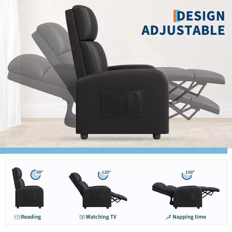 Recliner Chair for Adults, PU Leather Lazy Recliner Ergonomic Adjustable Single Sofa Enhanced with Side Pocket