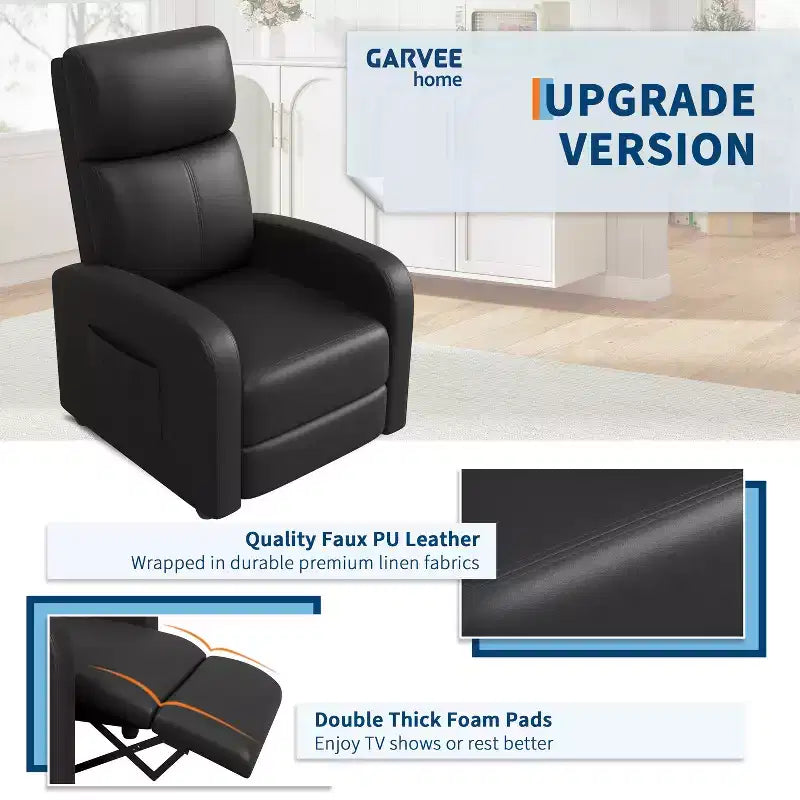 Recliner Chair for Adults, PU Leather Lazy Recliner Ergonomic Adjustable Single Sofa Enhanced with Side Pocket