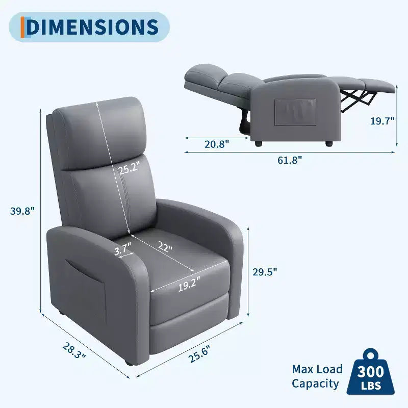 Recliner Chair for Adults, PU Leather Lazy Recliner Ergonomic Adjustable Single Sofa Enhanced with Side Pocket
