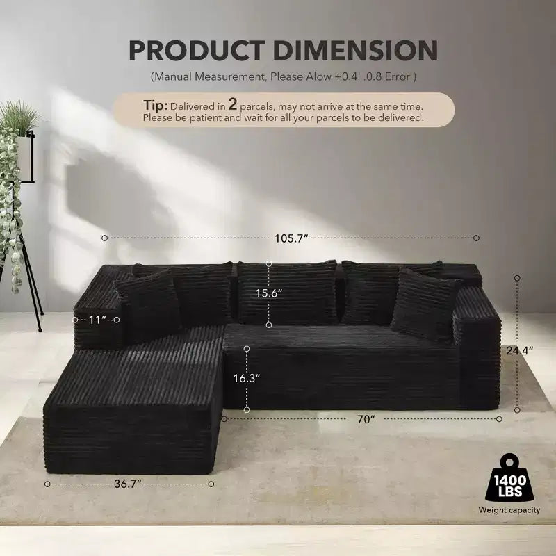 Modular Sectional Sofa Cloud Sectional Couch, 106 Comfy Fluffy L Shaped Black Couches for Living Room,Oversized Sofa Sleeper with Deep Seat