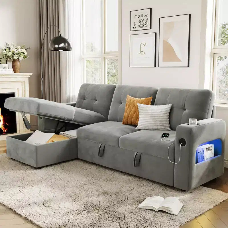 84 Inch Sleeper Sofa Couch, L-Shaped Sofa, Convertible Pull Out Sofa Bed with Storage, Charging Station, Led Lights, Modern Sectional Sofa