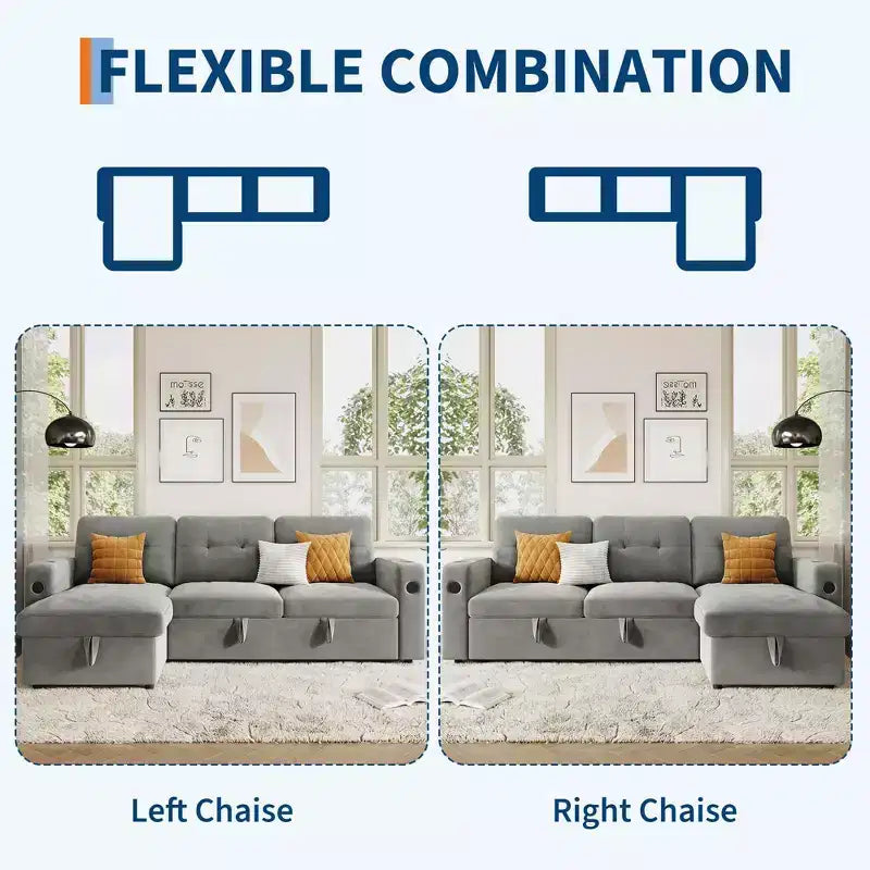 84 Inch Sleeper Sofa Couch, L-Shaped Sofa, Convertible Pull Out Sofa Bed with Storage, Charging Station, Led Lights, Modern Sectional Sofa
