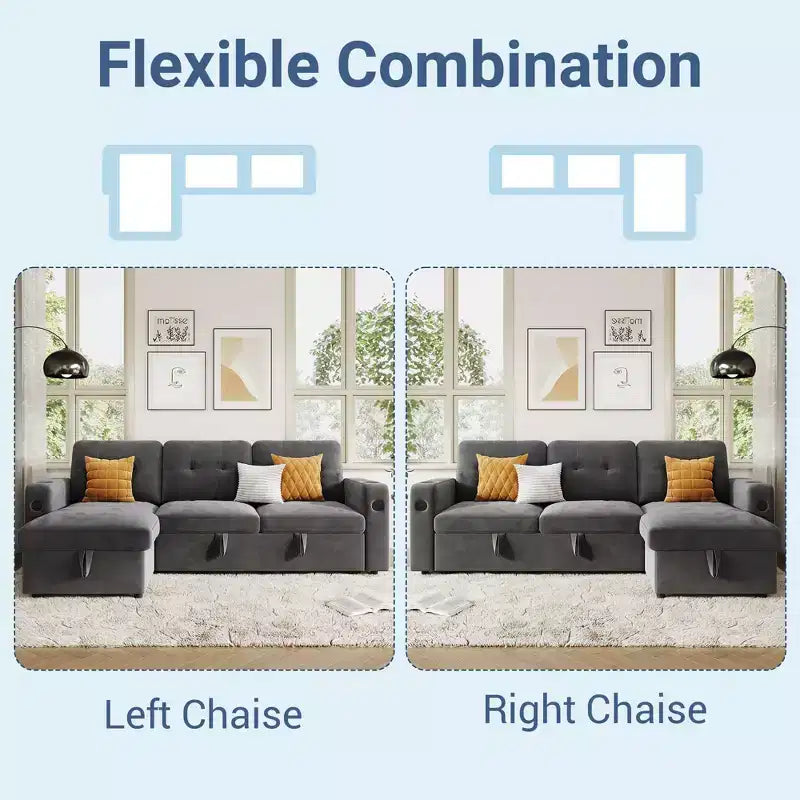 84 Inch Sleeper Sofa Couch, L-Shaped Sofa, Convertible Pull Out Sofa Bed with Storage, Charging Station, Led Lights, Modern Sectional Sofa