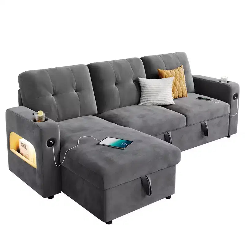 84 Inch Sleeper Sofa Couch, L-Shaped Sofa, Convertible Pull Out Sofa Bed with Storage, Charging Station, Led Lights, Modern Sectional Sofa