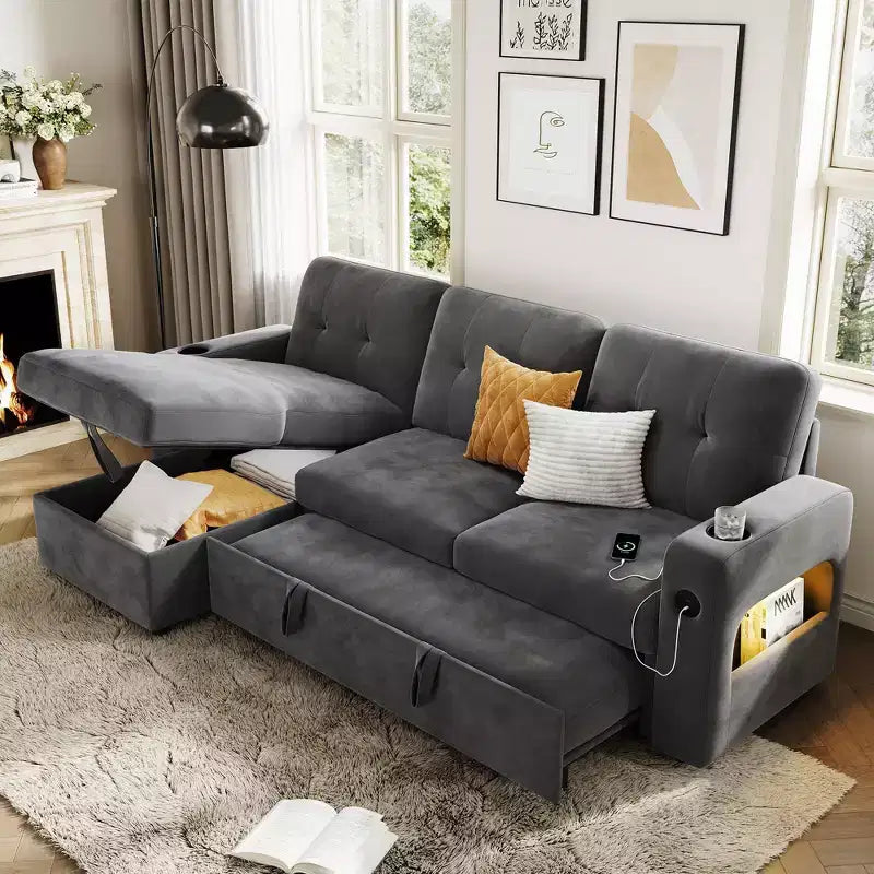 84 Inch Sleeper Sofa Couch, L-Shaped Sofa, Convertible Pull Out Sofa Bed with Storage, Charging Station, Led Lights, Modern Sectional Sofa