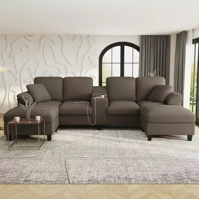 Polibi U-Shaped Corduroy Sectional Sofa with Hidden Storage Ottomans, USB Console & Cup Holders