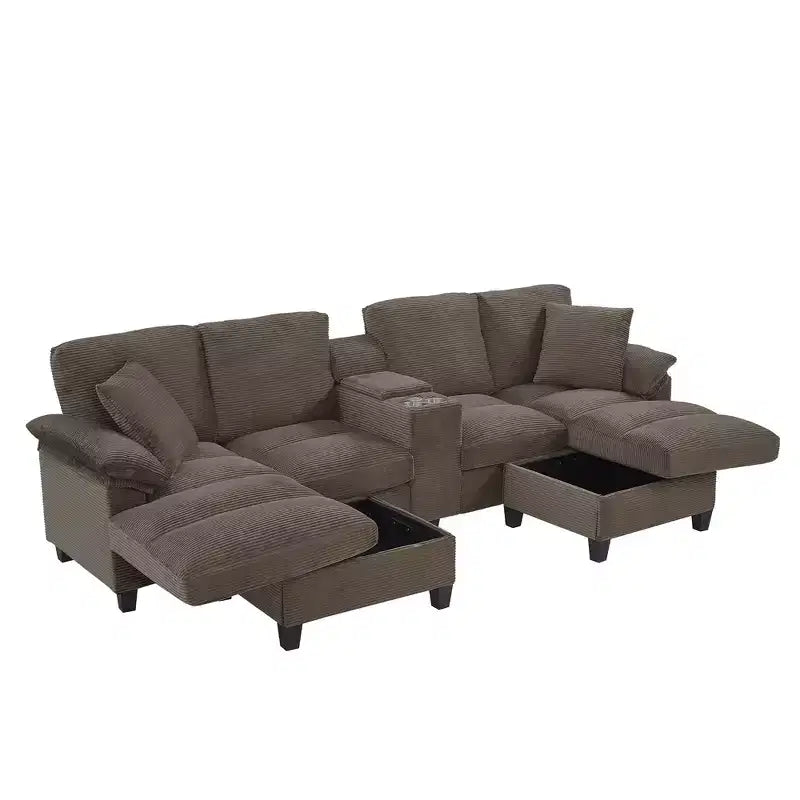 Polibi U-Shaped Corduroy Sectional Sofa with Hidden Storage Ottomans, USB Console & Cup Holders