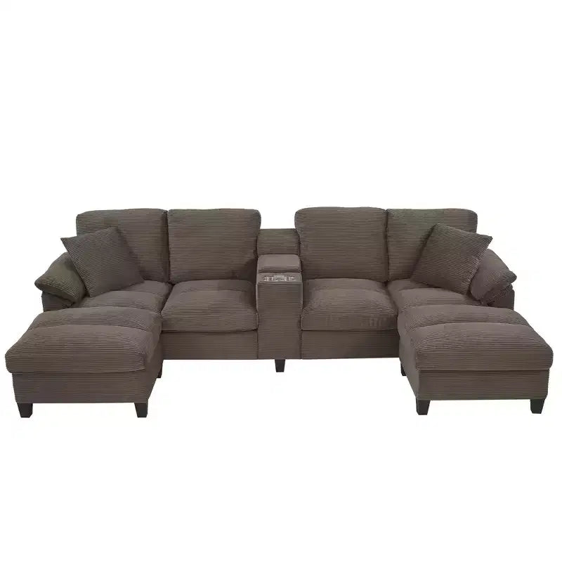 Polibi U-Shaped Corduroy Sectional Sofa with Hidden Storage Ottomans, USB Console & Cup Holders