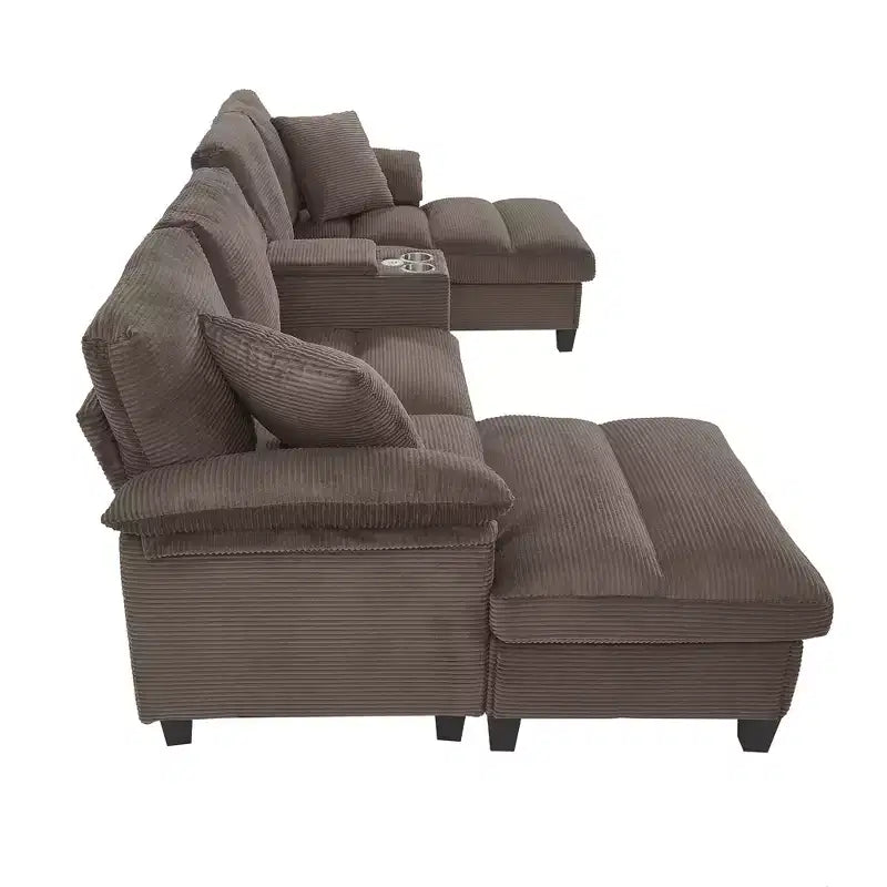 Polibi U-Shaped Corduroy Sectional Sofa with Hidden Storage Ottomans, USB Console & Cup Holders