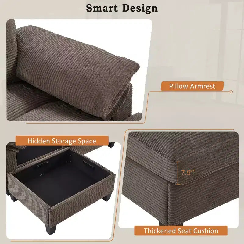 Polibi U-Shaped Corduroy Sectional Sofa with Hidden Storage Ottomans, USB Console & Cup Holders