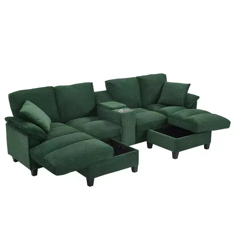 Polibi U-Shaped Corduroy Sectional Sofa with Hidden Storage Ottomans, USB Console & Cup Holders