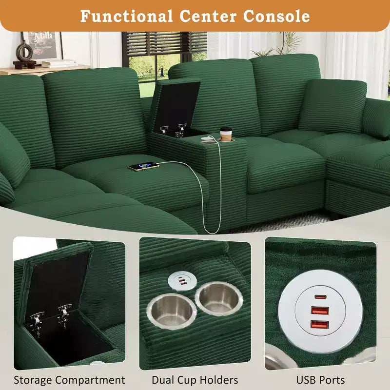 Polibi U-Shaped Corduroy Sectional Sofa with Hidden Storage Ottomans, USB Console & Cup Holders