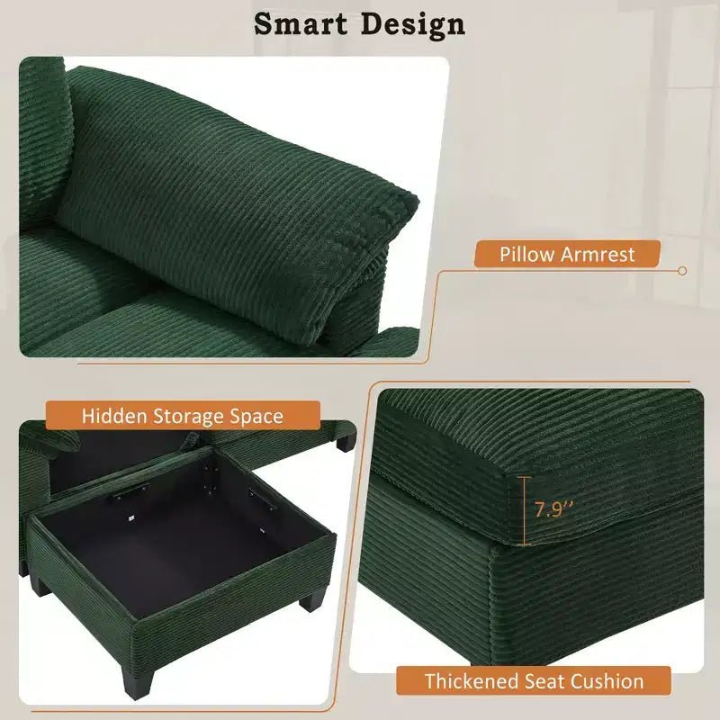Polibi U-Shaped Corduroy Sectional Sofa with Hidden Storage Ottomans, USB Console & Cup Holders