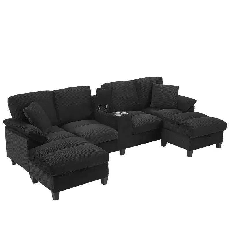 Polibi U-Shaped Corduroy Sectional Sofa with Hidden Storage Ottomans, USB Console & Cup Holders