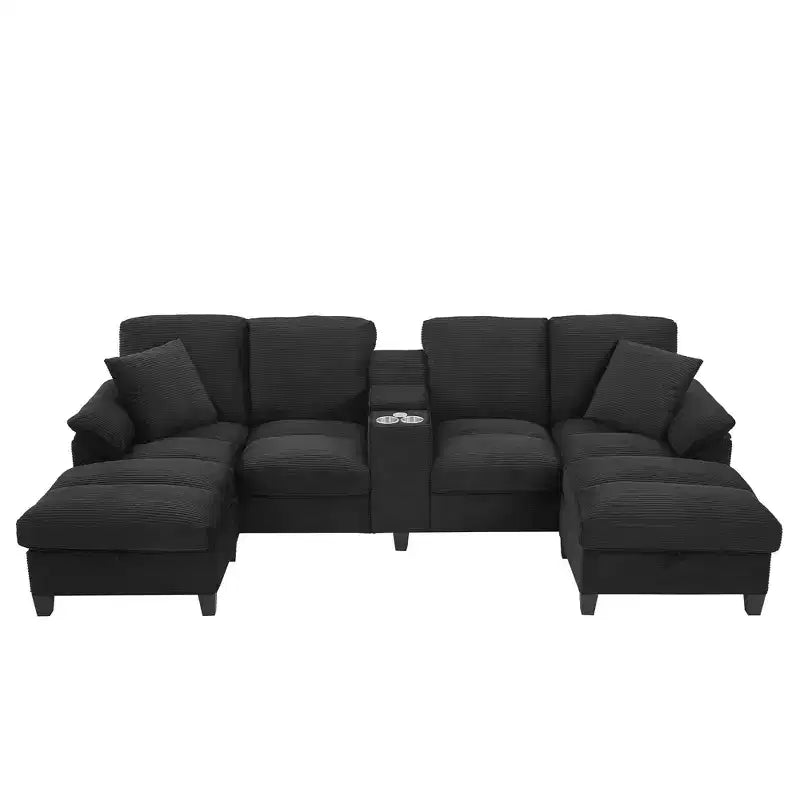 Polibi U-Shaped Corduroy Sectional Sofa with Hidden Storage Ottomans, USB Console & Cup Holders