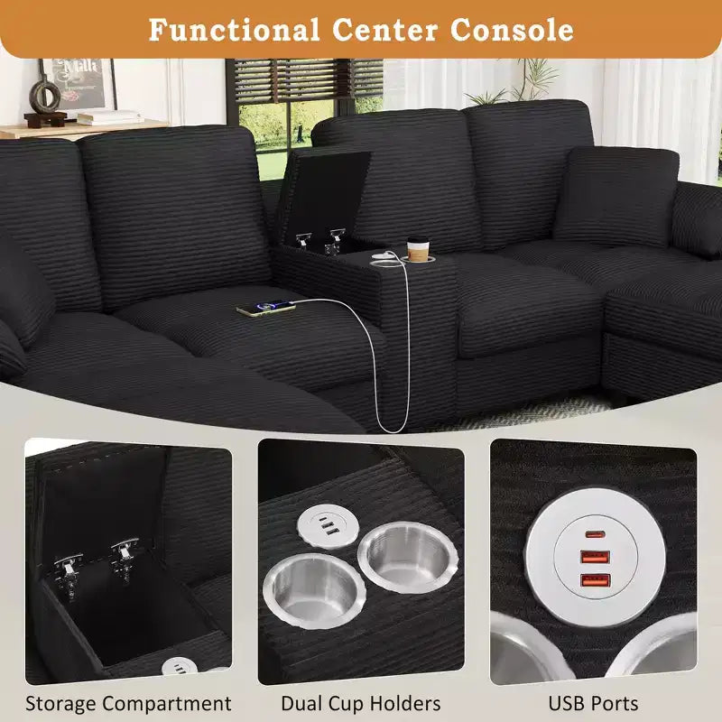 Polibi U-Shaped Corduroy Sectional Sofa with Hidden Storage Ottomans, USB Console & Cup Holders