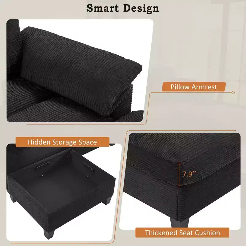 Polibi U-Shaped Corduroy Sectional Sofa with Hidden Storage Ottomans, USB Console & Cup Holders