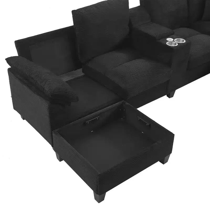 Polibi U-Shaped Corduroy Sectional Sofa with Hidden Storage Ottomans, USB Console & Cup Holders