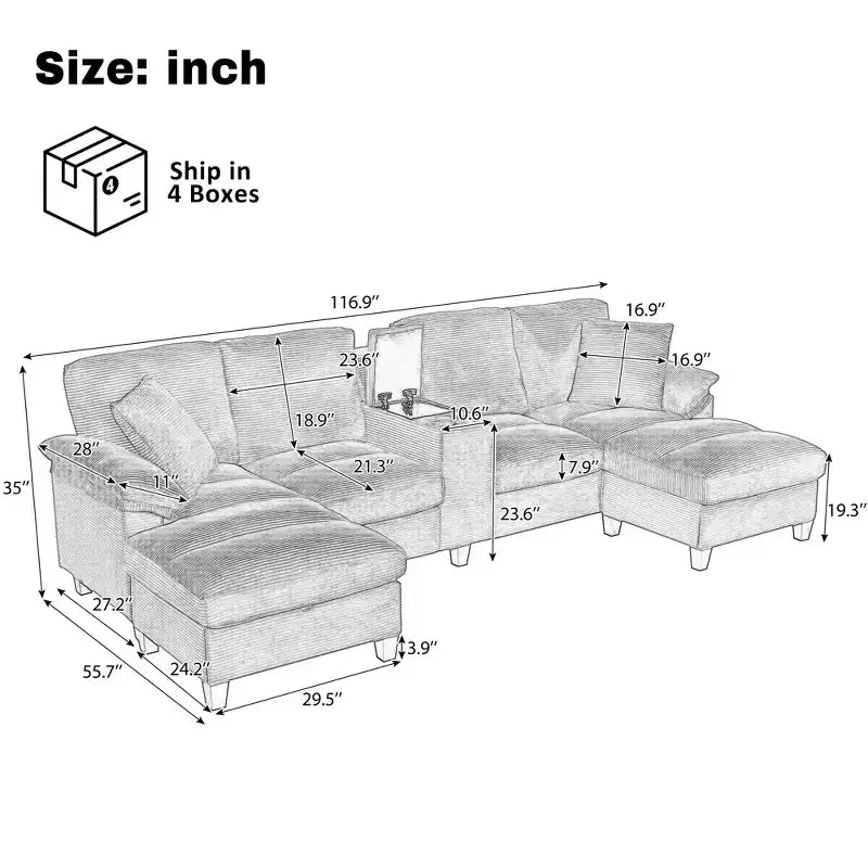 Polibi U-Shaped Corduroy Sectional Sofa with Hidden Storage Ottomans, USB Console & Cup Holders