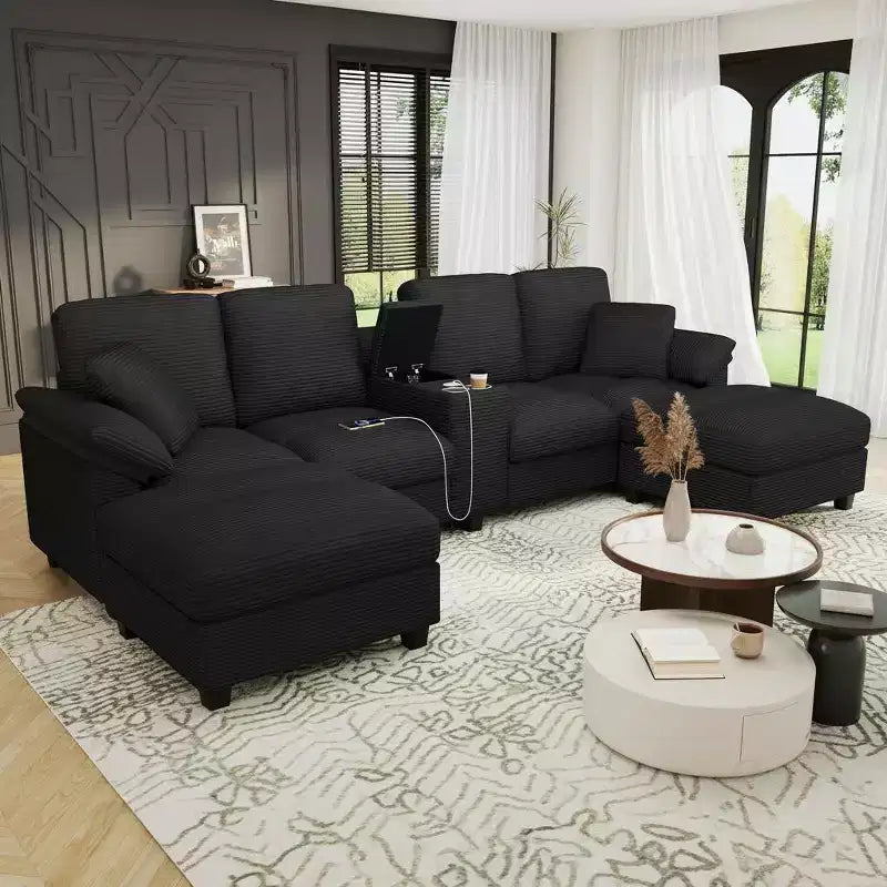 Polibi U-Shaped Corduroy Sectional Sofa with Hidden Storage Ottomans, USB Console & Cup Holders