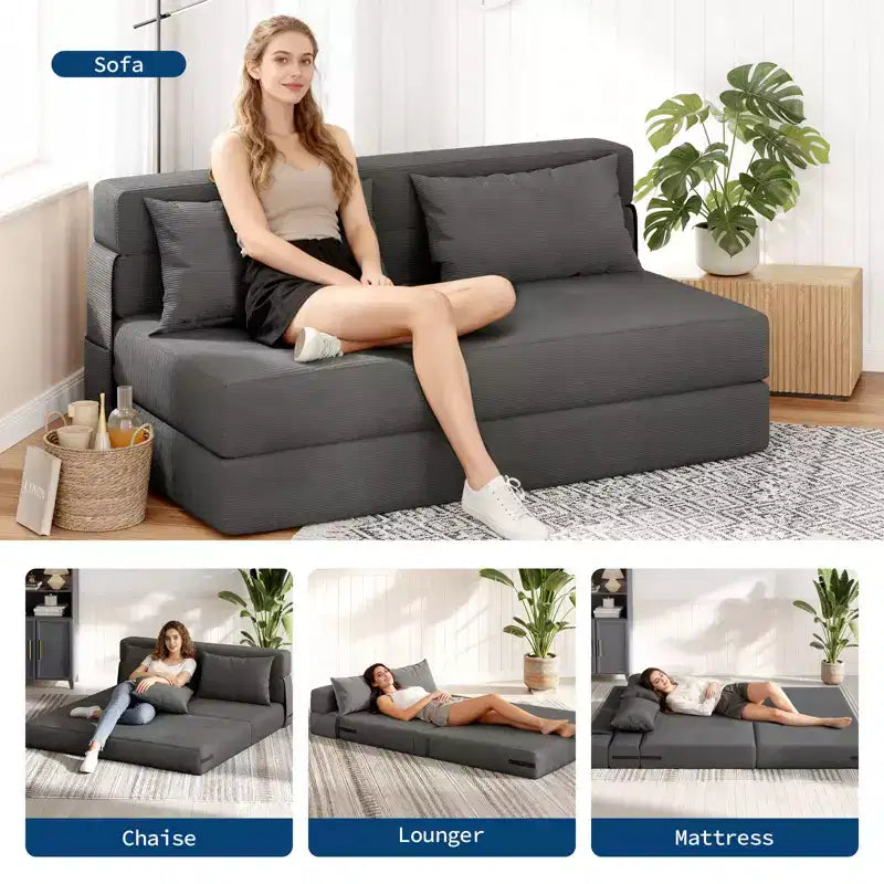 4-in-1 Folding Sofa Bed & Chair - Convertible Loveseat Sleeper, Fold-Out Couch with Pillow, Tufted Floor Lounge for Living Room & Bedroom Use