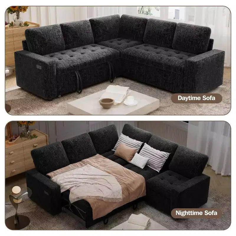 Dyonery 5 Seat L Shaped Modular Sectional Sofa with Pull Out Bed, USB Ports, Adjustable Backrest & Storage, Tool-Free Assembly