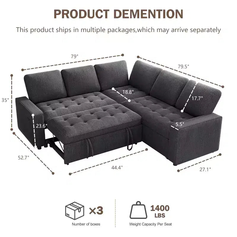 Dyonery 5 Seat L Shaped Modular Sectional Sofa with Pull Out Bed, USB Ports, Adjustable Backrest & Storage, Tool-Free Assembly