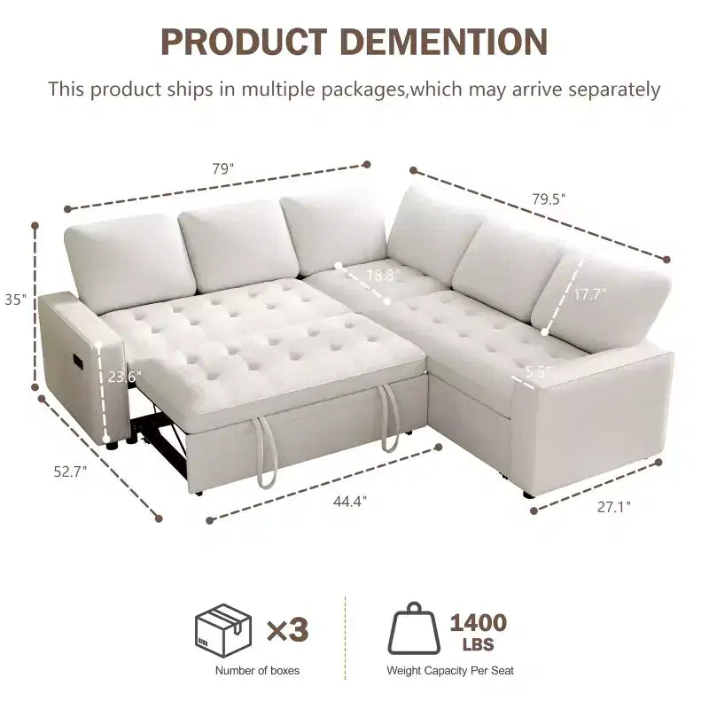 Dyonery 5 Seat L Shaped Modular Sectional Sofa with Pull Out Bed, USB Ports, Adjustable Backrest & Storage, Tool-Free Assembly