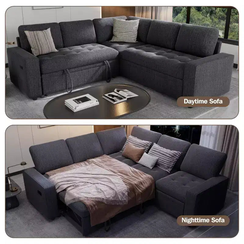 Dyonery 5 Seat L Shaped Modular Sectional Sofa with Pull Out Bed, USB Ports, Adjustable Backrest & Storage, Tool-Free Assembly