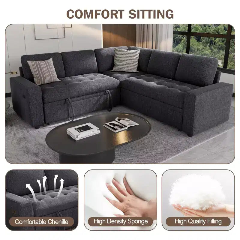 Dyonery 5 Seat L Shaped Modular Sectional Sofa with Pull Out Bed, USB Ports, Adjustable Backrest & Storage, Tool-Free Assembly