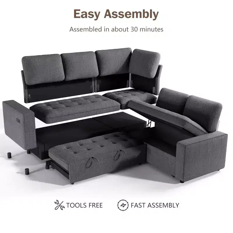 Dyonery 5 Seat L Shaped Modular Sectional Sofa with Pull Out Bed, USB Ports, Adjustable Backrest & Storage, Tool-Free Assembly