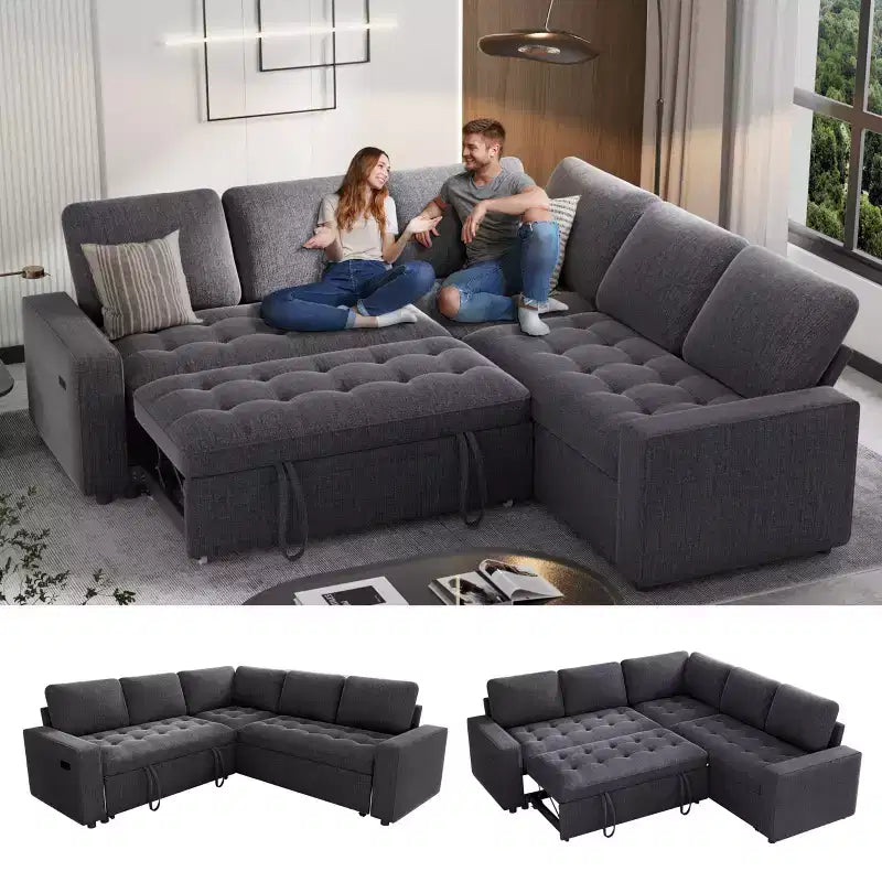 Dyonery 5 Seat L Shaped Modular Sectional Sofa with Pull Out Bed, USB Ports, Adjustable Backrest & Storage, Tool-Free Assembly