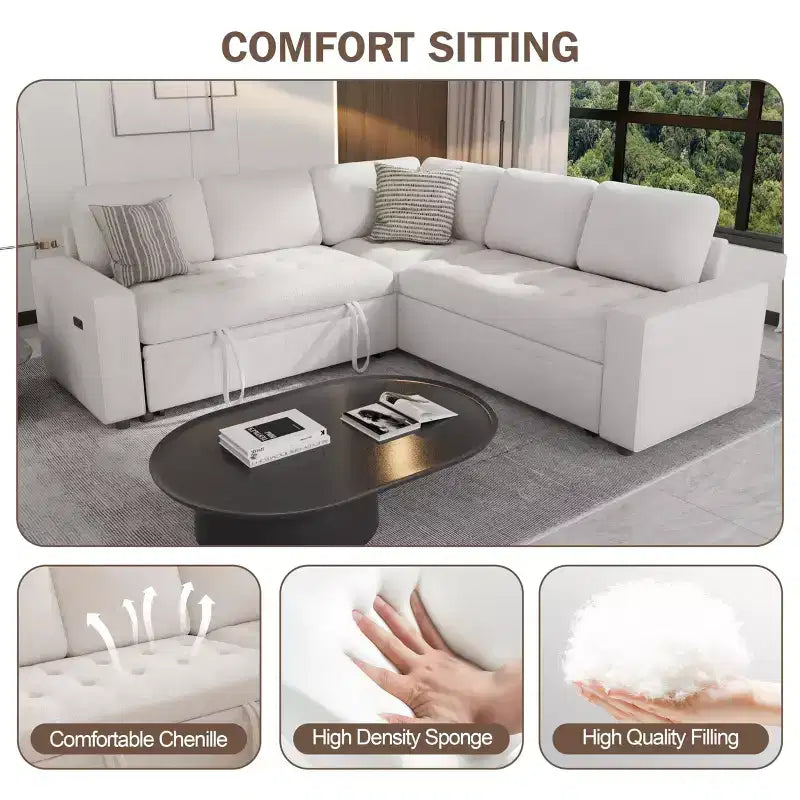 Dyonery 5 Seat L Shaped Modular Sectional Sofa with Pull Out Bed, USB Ports, Adjustable Backrest & Storage, Tool-Free Assembly