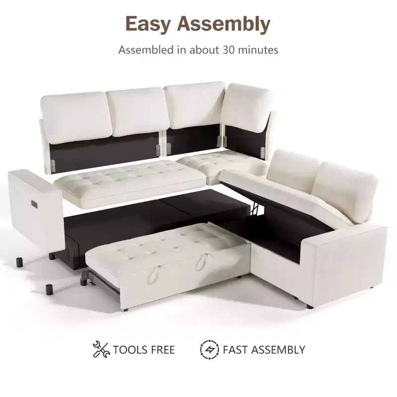 Dyonery 5 Seat L Shaped Modular Sectional Sofa with Pull Out Bed, USB Ports, Adjustable Backrest & Storage, Tool-Free Assembly
