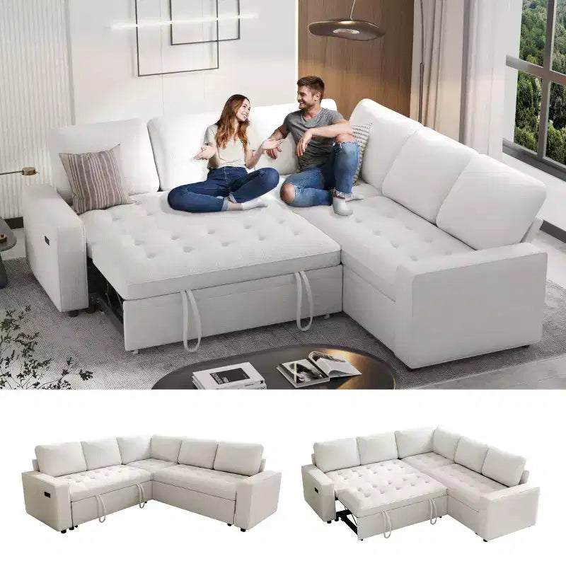 Dyonery 5 Seat L Shaped Modular Sectional Sofa with Pull Out Bed, USB Ports, Adjustable Backrest & Storage, Tool-Free Assembly