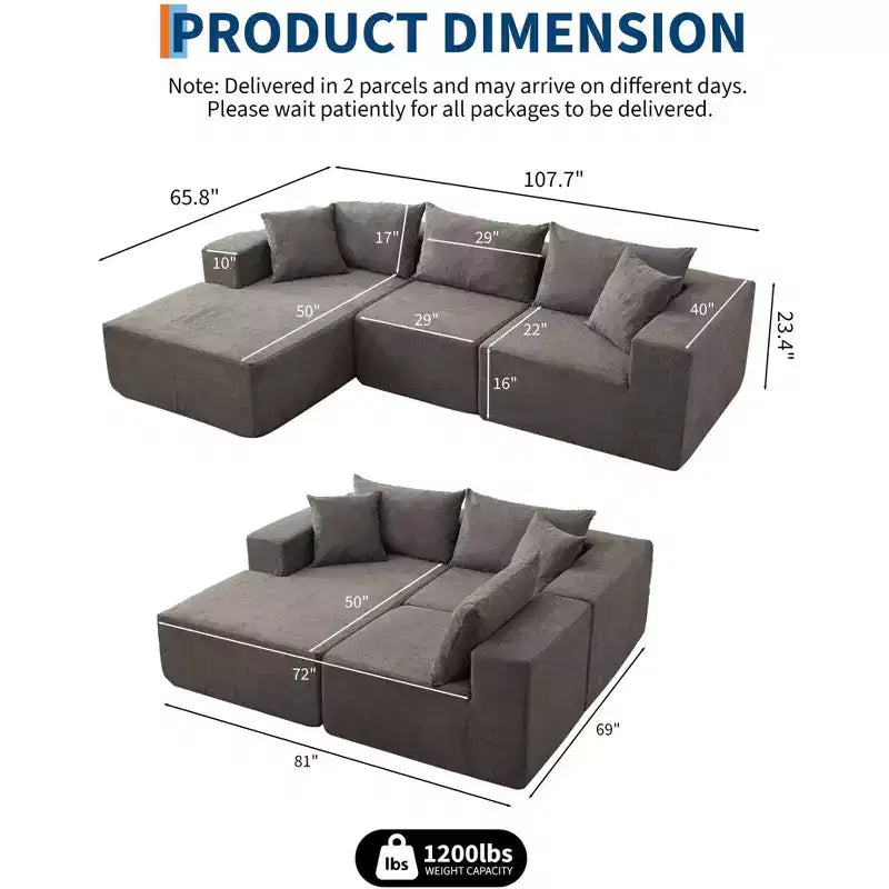 108 Modular Cloud Sectional Couch with L-Shape Chaise, Modern Modular Sofa with Deep Seat, Oversized Sofa Sleeper, No Assembly Required, Left Facing