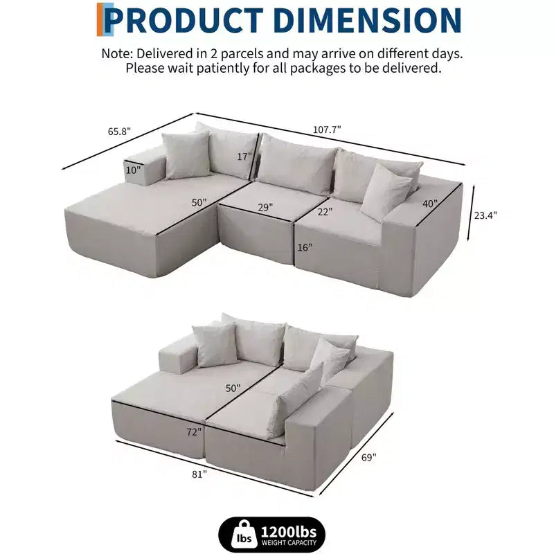 108 Modular Cloud Sectional Couch with L-Shape Chaise, Modern Modular Sofa with Deep Seat, Oversized Sofa Sleeper, No Assembly Required, Left Facing