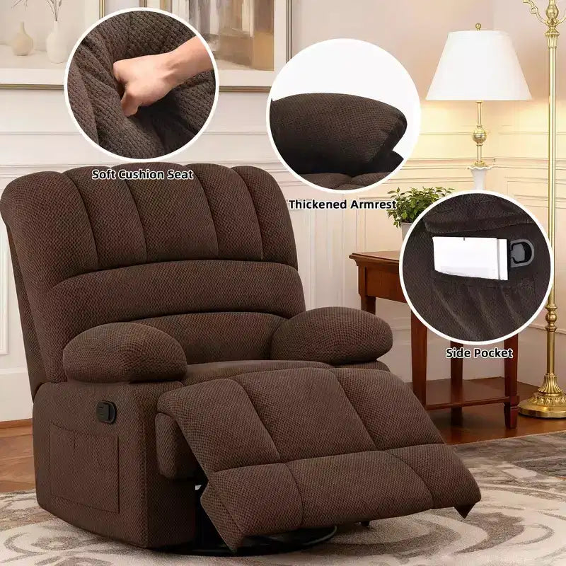 MAYEERTY Chocolate Oversized Swivel Rocker Recliner Sofa for Adults, Velvet, Perfect for Living Room