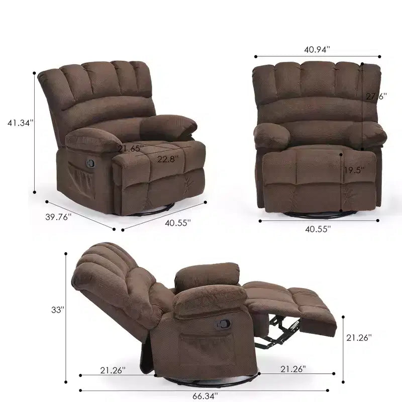 MAYEERTY Chocolate Oversized Swivel Rocker Recliner Sofa for Adults, Velvet, Perfect for Living Room