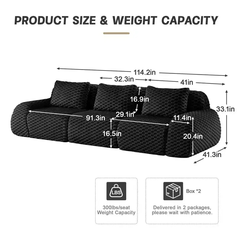 114 Modular Sectional Sofa Flannelette 3-Seater Deep Seat Buckle No Assembly Black