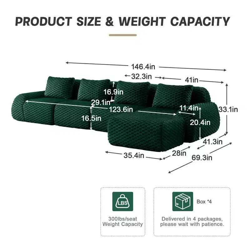146 L-Shaped Modular Sofa Flannelette 4-Seater Ottoman Buckle No Assembly Green