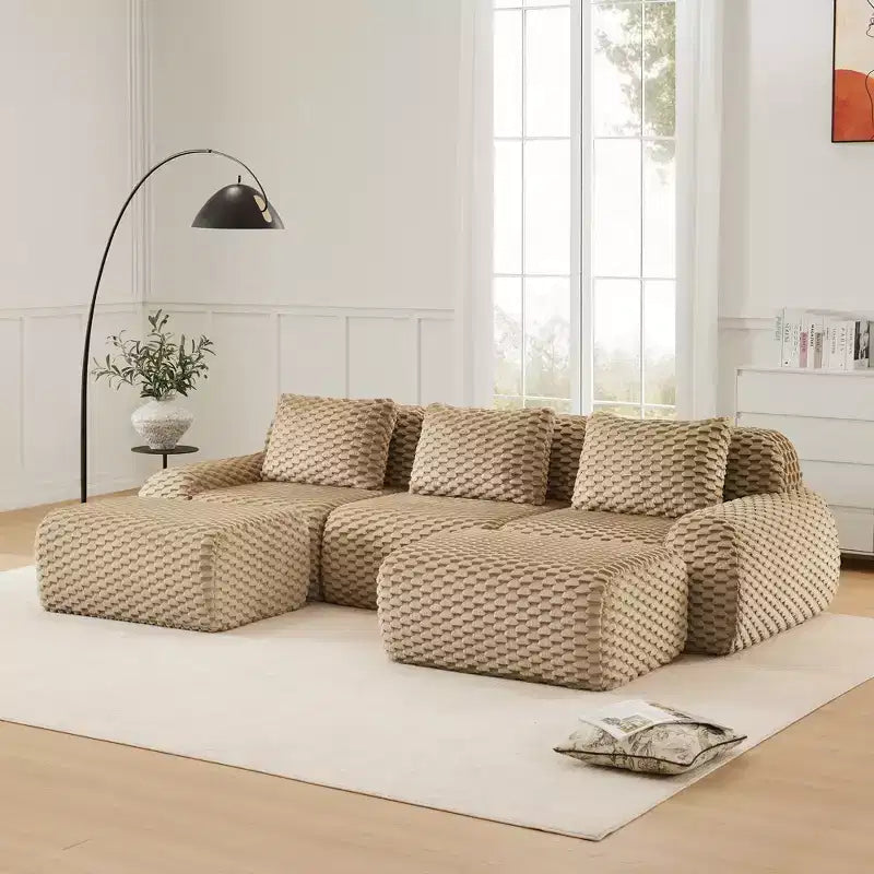 114 U-Shaped Modular Sofa Flannelette 3-Seater Ottoman Buckle No Assembly Light Camel
