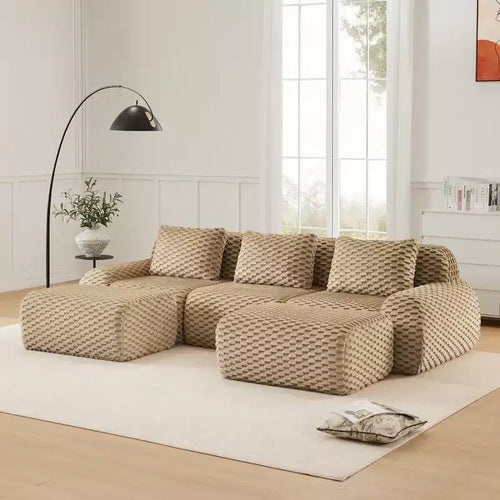 114 Sofá Modular en Forma de U Flanela 3 Plazas Otomana Hebilla Sin Montaje Camel Claro