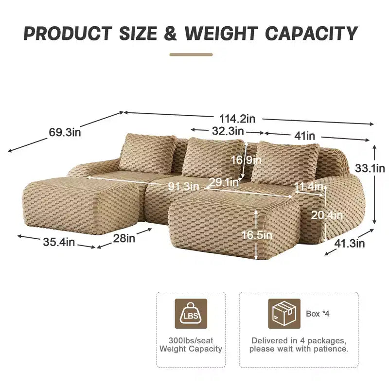 114 U-Shaped Modular Sofa Flannelette 3-Seater Ottoman Buckle No Assembly Light Camel