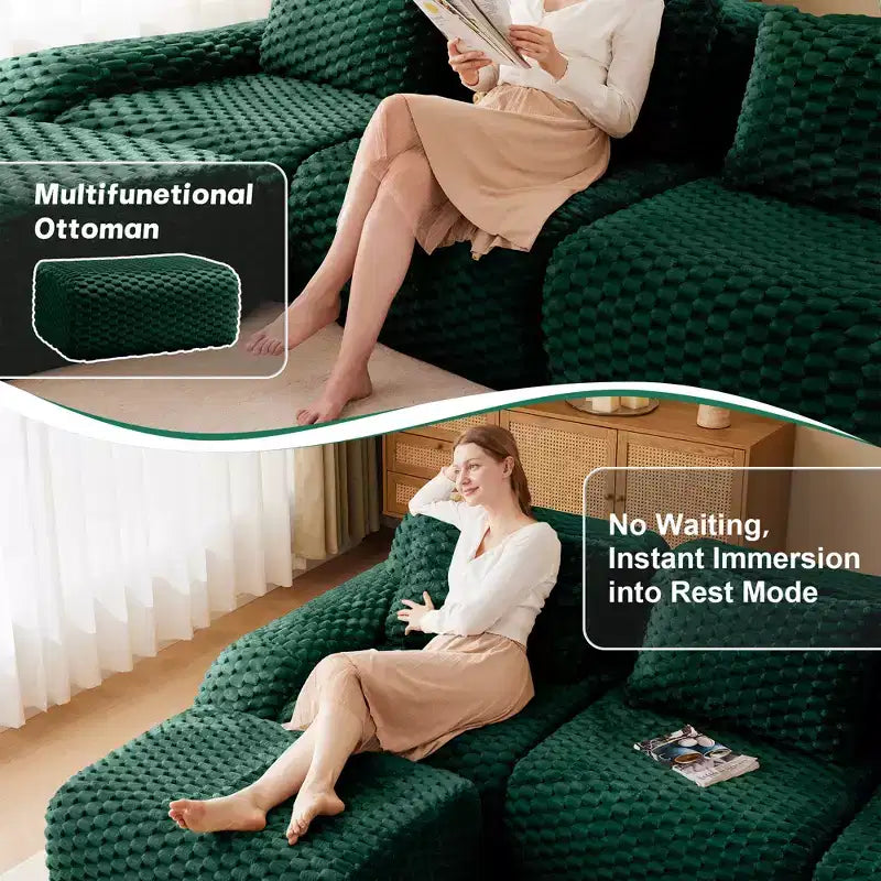 146 Modular Sectional Sofa Flannelette 4-Seater Deep Seat Buckle No Assembly Green