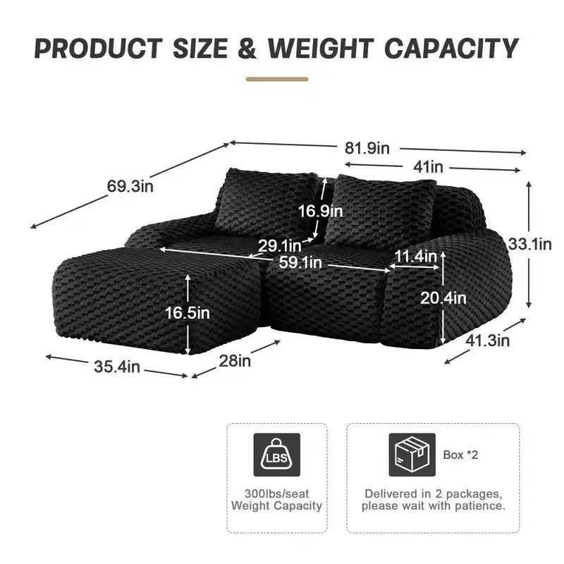 82 L-Shaped Modular Sofa Flannelette 2-Seater Ottoman Buckle No Assembly Black